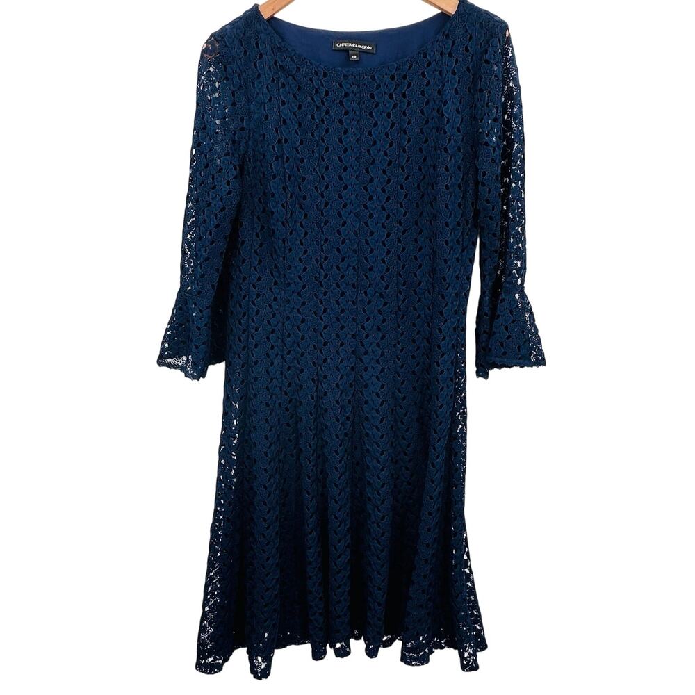 Chris Mclaughlin Womens Lace Overlay Dress Dark Blue 3/4 Bell Sleeve Size 16